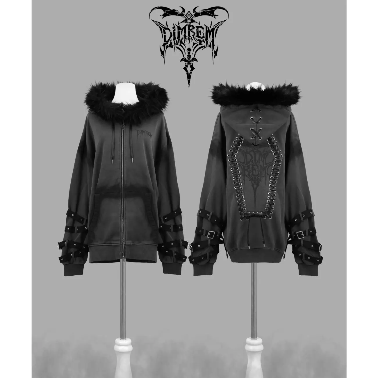 Japanese Subculture Gothic Punk Zip Up Hoodie Women Fur Trim Lace Up Buckle Detail Graphic Print Vintage Oversized Streetwear