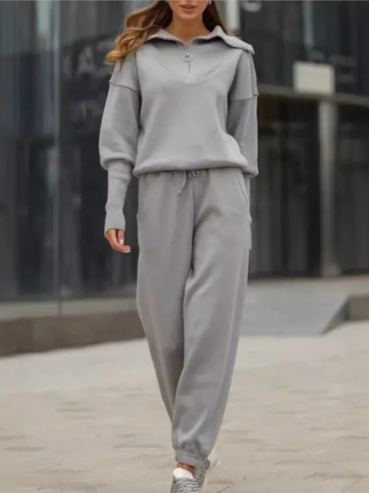 

Autumn Winter New Casual Sports Women's Suit Fashion Zip Neck Solid Simple Warm Long Pants Set Hoodie Female 2 Piece Sets 2024