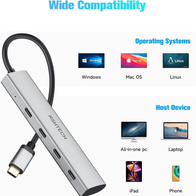 RSHTECH USB C Hub 10Gbps Aluminum 4-Port USB-C 3.2 Gen 2 Dongle Portable USB C Multiport Adapter for Thunderbolt/Type C Laptop