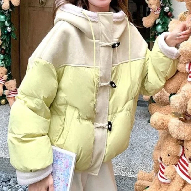 

Yellow Lamb Wool Splicing Horn Buckle Hooded Cotton Clothes Women's Winter 2025 New Thermal Jacket