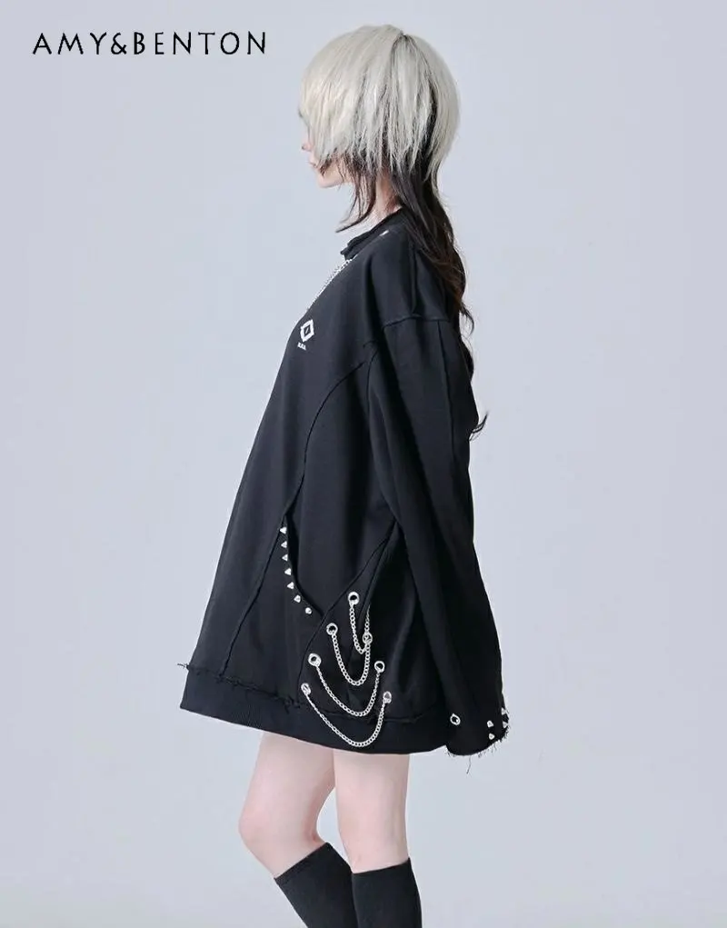 Japanese Mine Series Mass-Produced Subculture Dark Punk Vintage Chain Pendant Sweatshirt Punk Style Y2K Oversized Crew Neck Top