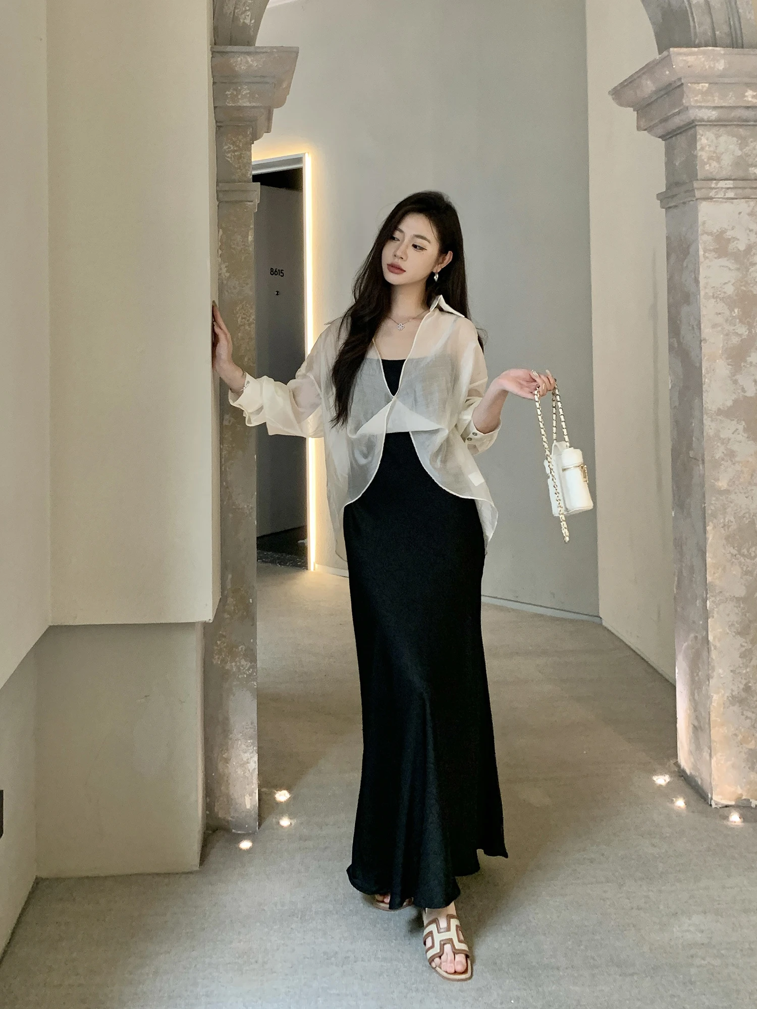 

Sun Protection Silk Long Sve irt with Strap Slim Fit Dr Two Piece Set Women's Faionable Summer Outfit V Ne T