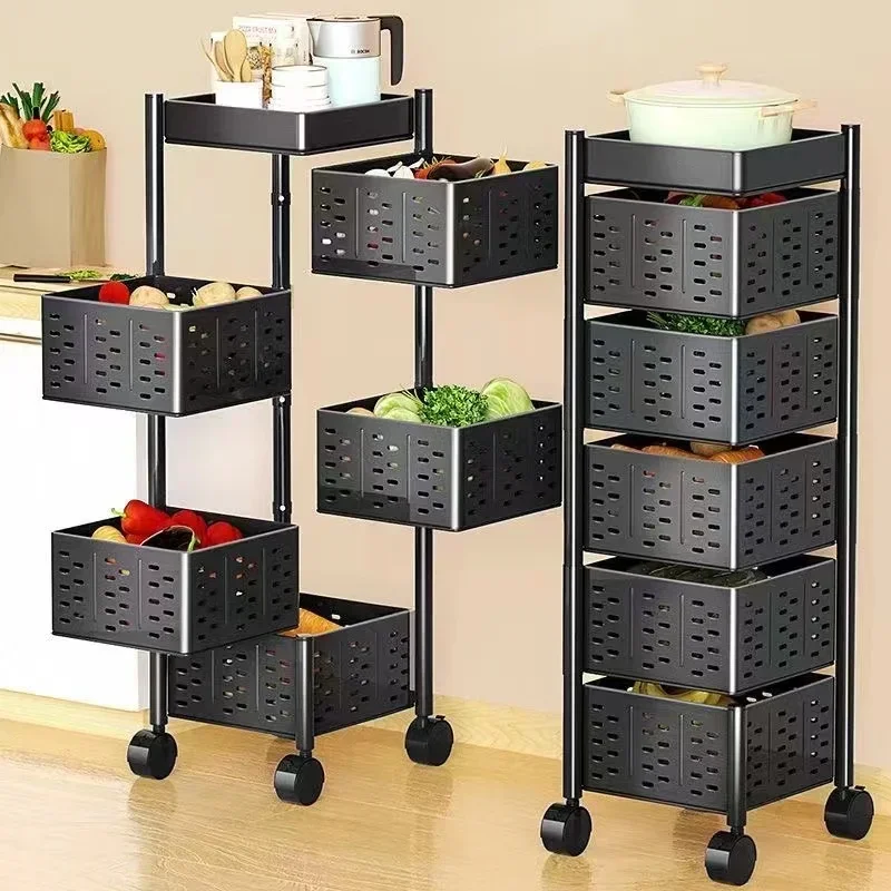 

Multi Layer Rotatable Storage Rack Stainless Steel Kitchen Fruit Vegetable Shelf Snacks Organizers with Wheels for Home