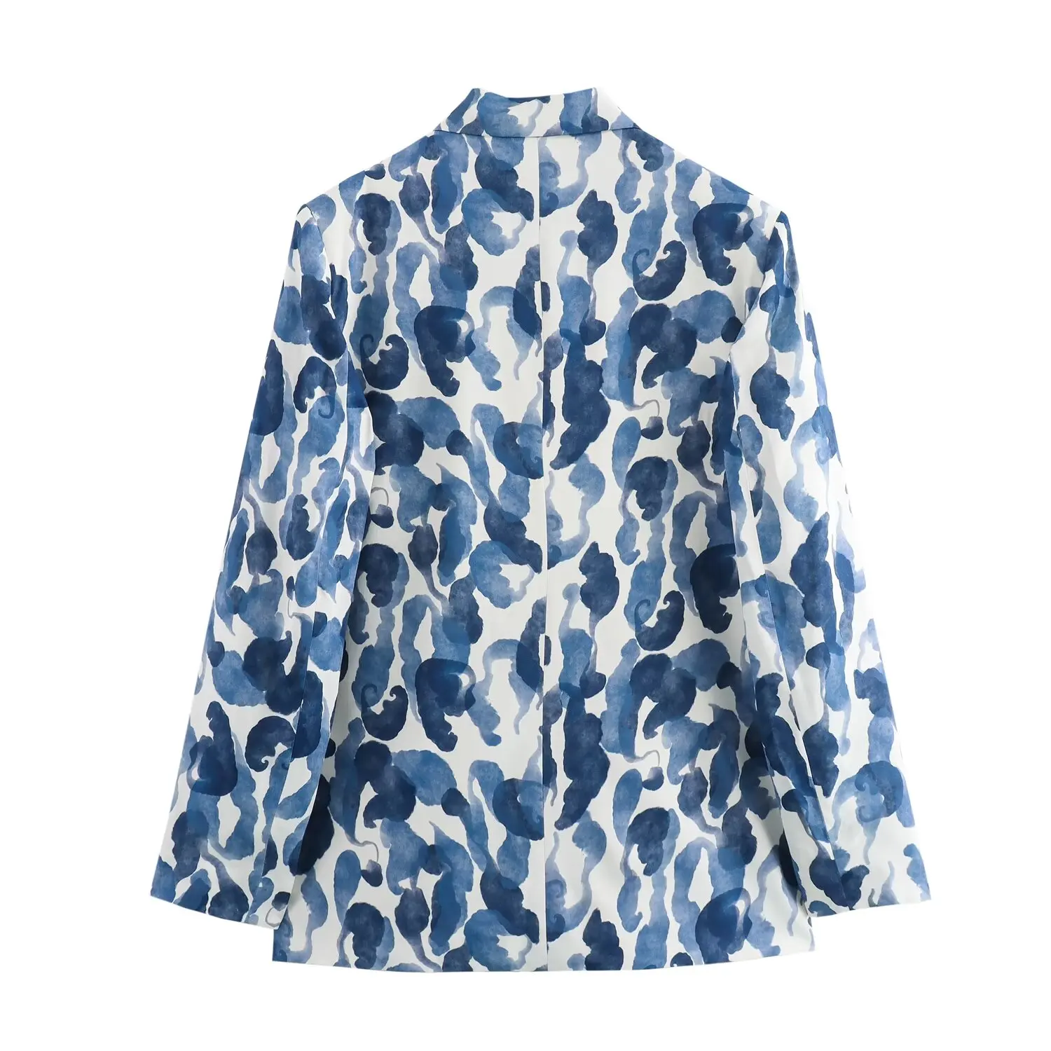 Tangada 2024 Women Blue Flower Print Blazer Jacket Buttons Long Sleeve Ladies Suit QD0102