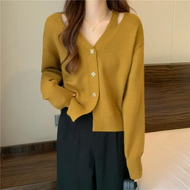 Cardigã amarelo com decote em v para mulheres, tops vermelhos, malha nova, moda coreana, blusa tricot, inverno, Y2k, 2024