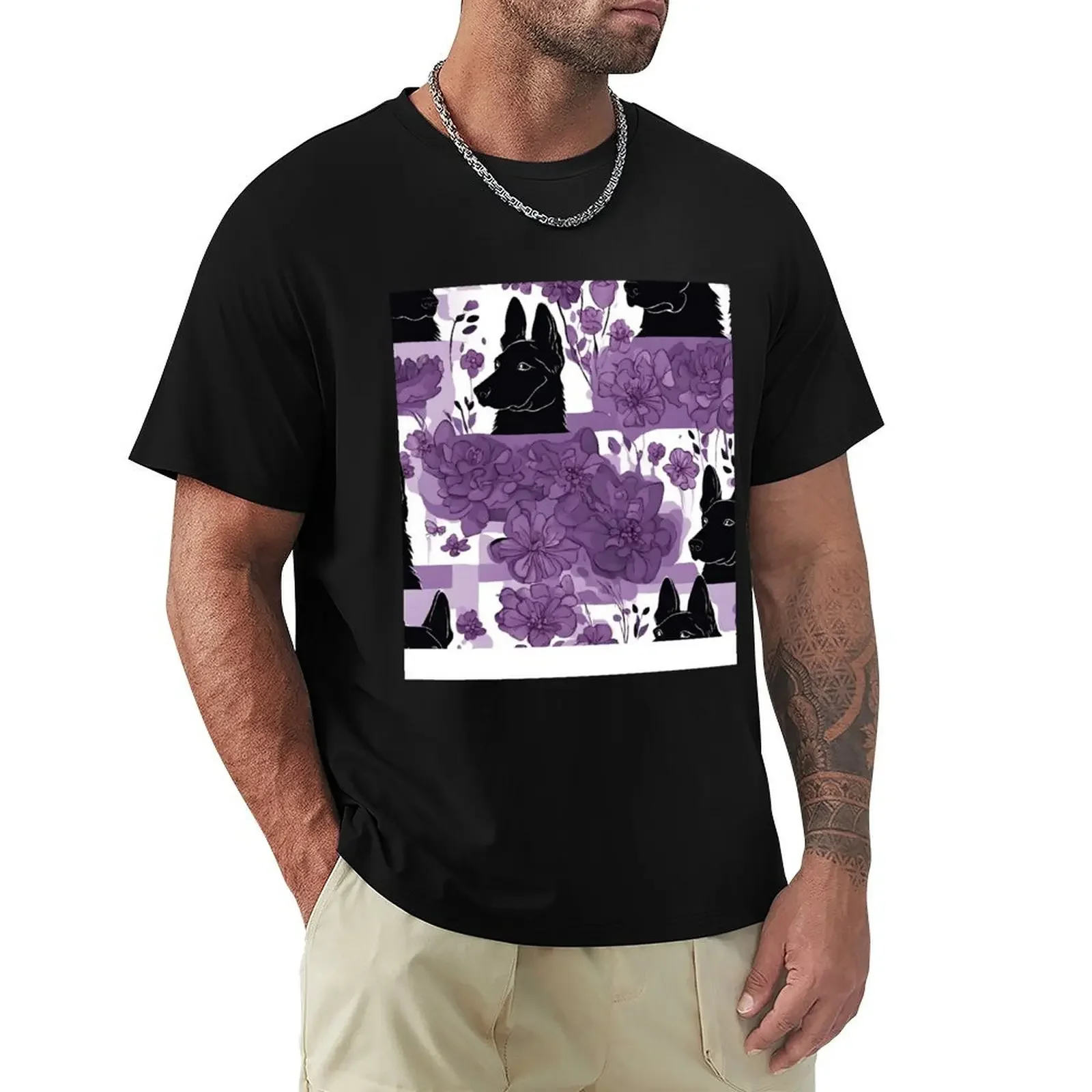 German Shepherd Dog and Violet Flowers T-Shirt  big and tall blanks funnys tops customs design your own mens graphic t-shirts.