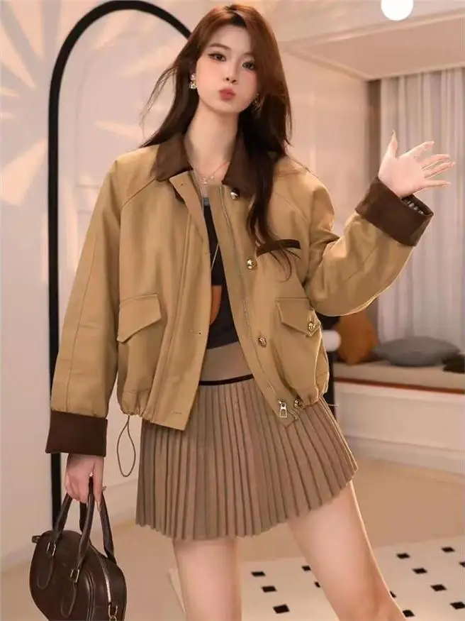 

Women's Loose Fit Short Jacket Color Block Collar Slimming Outerwear Autumn Winter New Style Versatile Cleanfit Korean Style