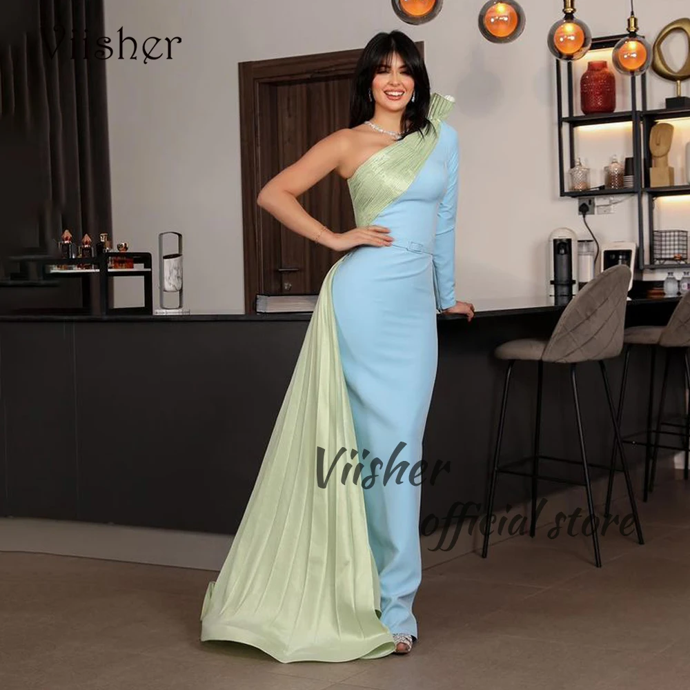 

Blue Mermaid Evening Dresses One Sleeve Pleats Satin Arabian Dubai Prom Dress with Train Long Formal Occasion Gowns