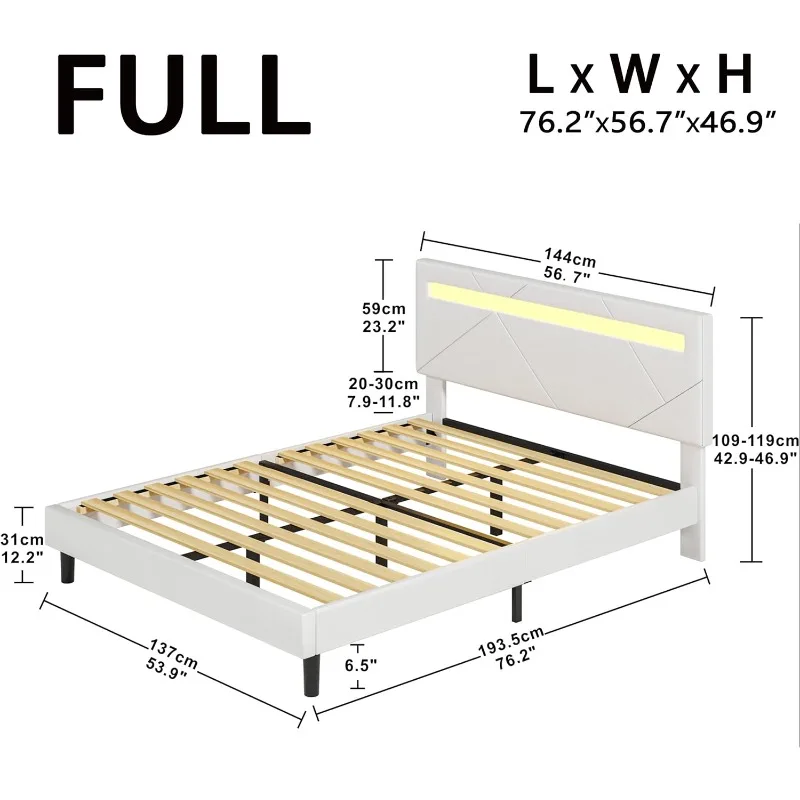 Full Bed Frame with LED Lights(Smart APP Control), Upholstered Modern Platform Bed Frame, No Box Spring Needed/Noise-