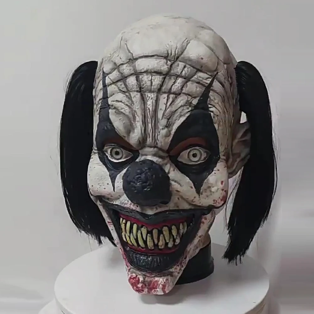 Masque de Clown sourire effrayant, Cosplay d'horreur, nez noir, cheveux Joker, casque en Latex, déguisement de carnaval d'halloween, accessoires de Costume de fête, cadeaux