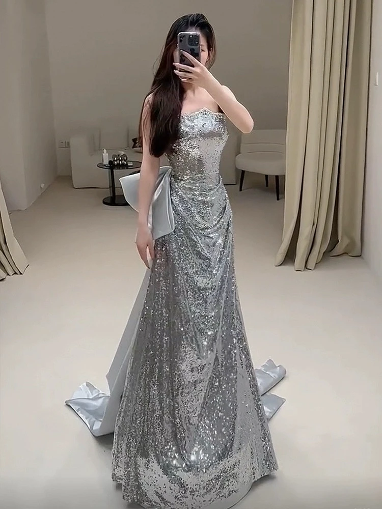 Shiny Silvery Evening Dresses A-line Bow Off The Shoulder Long Strapless Wedding Celebrity Birthday Vintage Party Prom Gowns