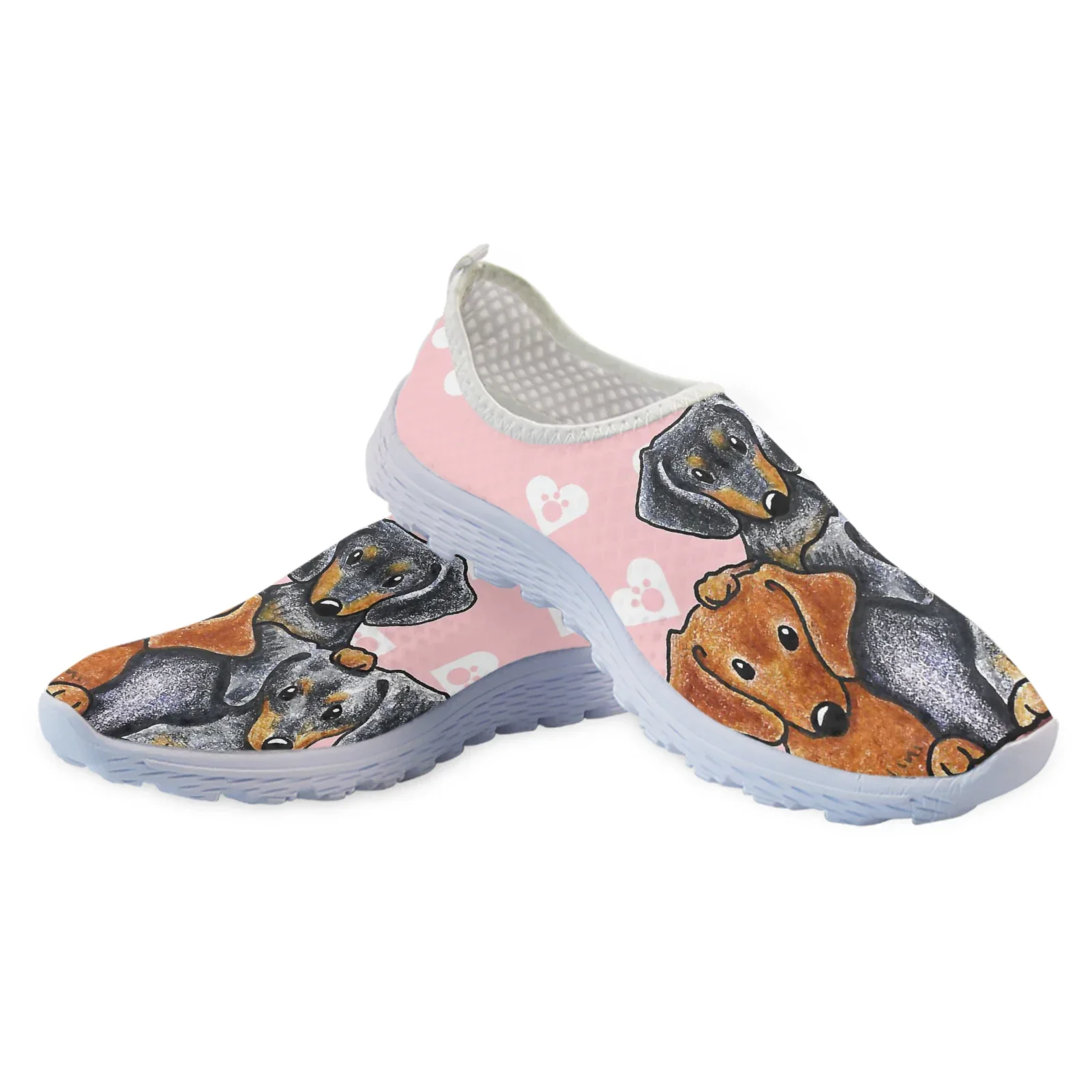 Fashion Cartoon Dachshund Print Lightweight Breathable Mesh Shoes Pink Heart Print Loafers Soft Casual Sneakers