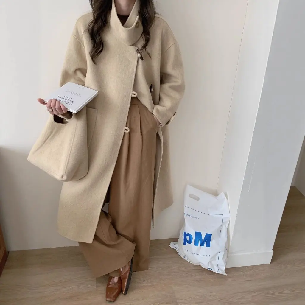 

New Women's Double-Faced Woolen Coat Stand Collar High Waist Bag Straight Tube Autumn Winter Fashion Outerwear