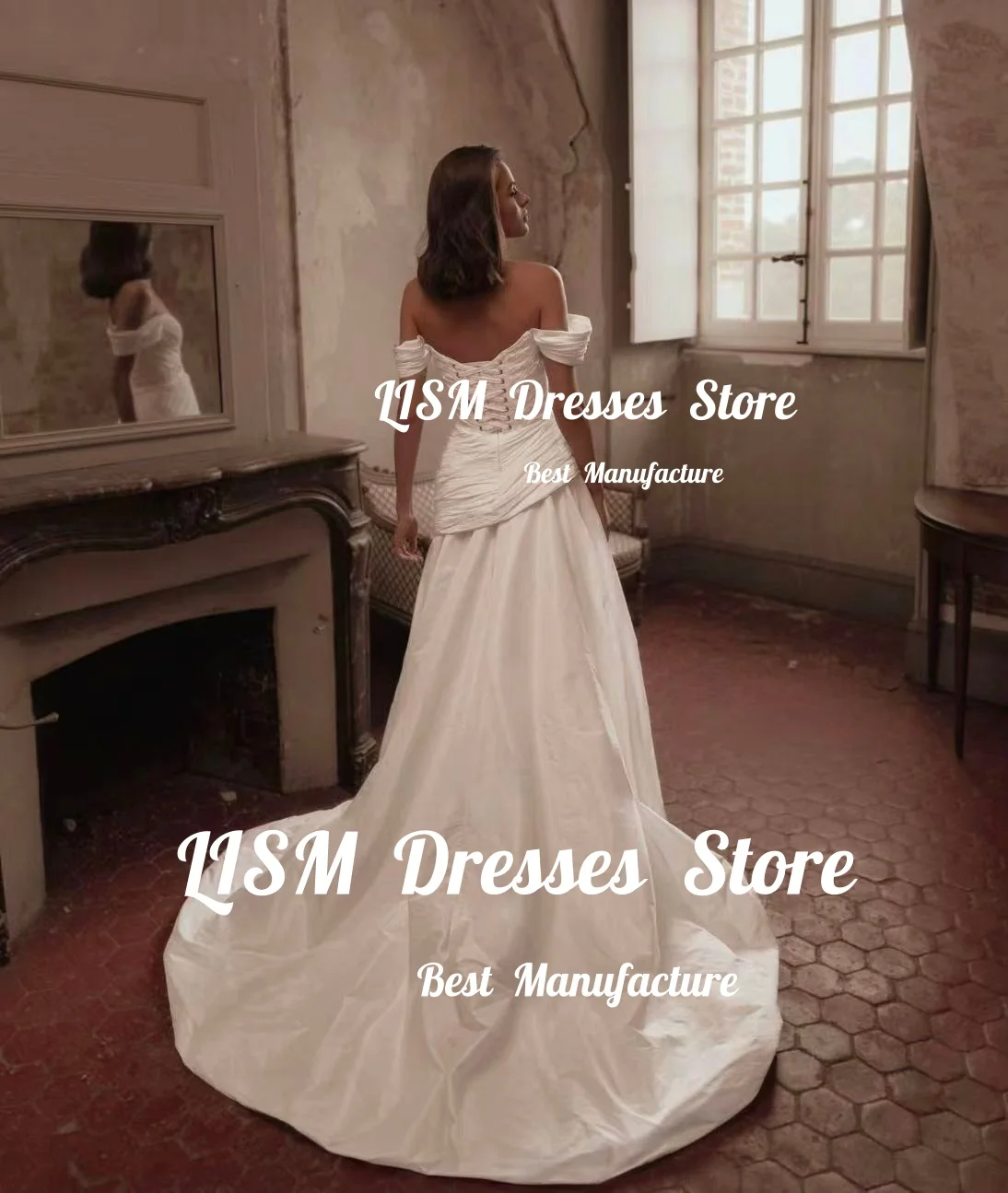Lism Customized Unique Off Shoulder Wedding Dress Pleated Taffeta Detachable Train Elegant Bridal Gown Vestido De Noiva 2026