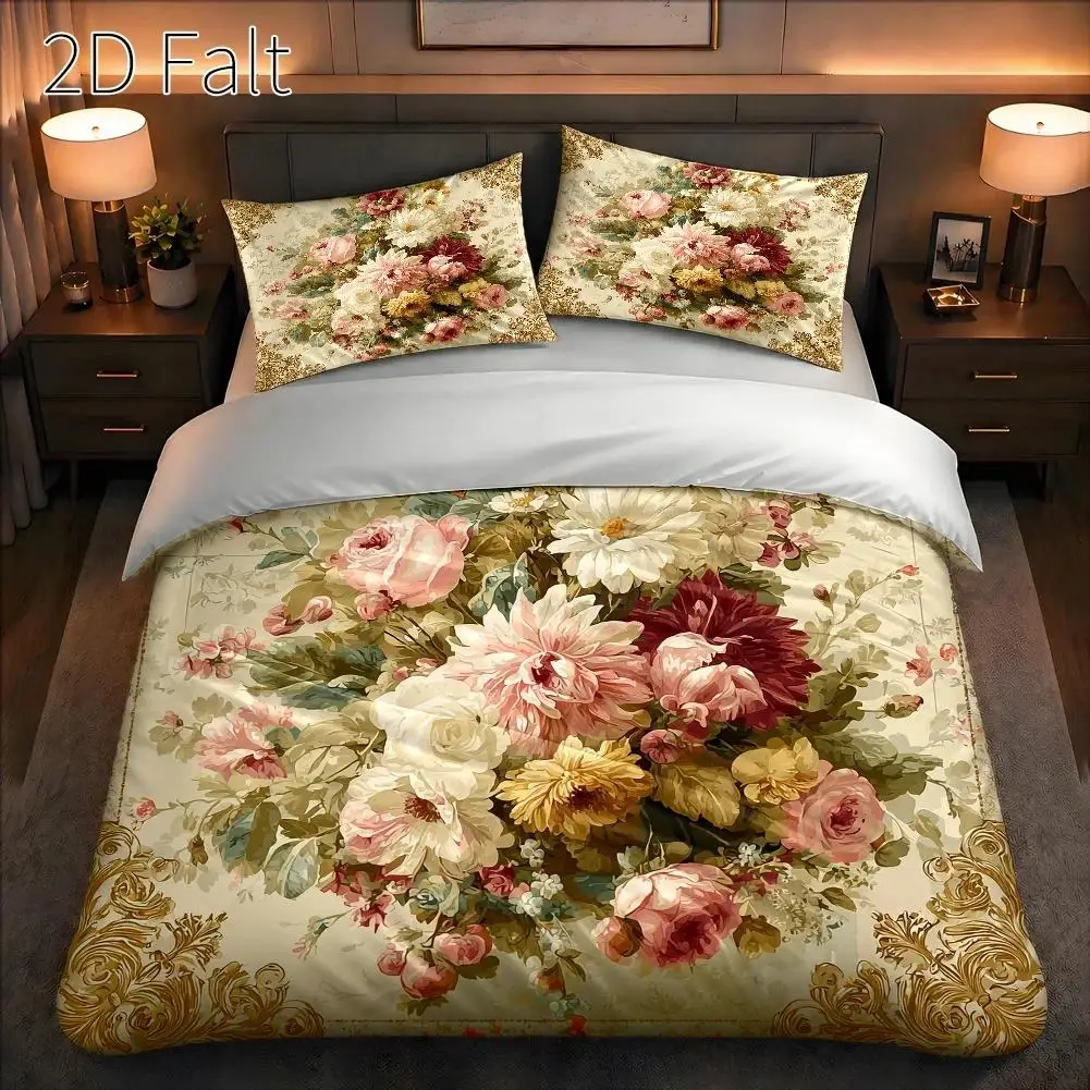 3-Piece Quilt Cover Set, 1 Quilt Cover + 2 Pillowcases (Without Filling) 2D Flat Printing, Three-Piece Quilt Cover Set, Classic Floral Theme, Vintage Oil Painting Style, Valentine's Day, Suitable for All Seasons, Machine Washable, Invisible Zipper, Large Quilt Cover Set, Bedding Set, Skin-Friendly and Breathable, Soft and Comfortable, Does Not Fade or Pill, for Home/Dormitory