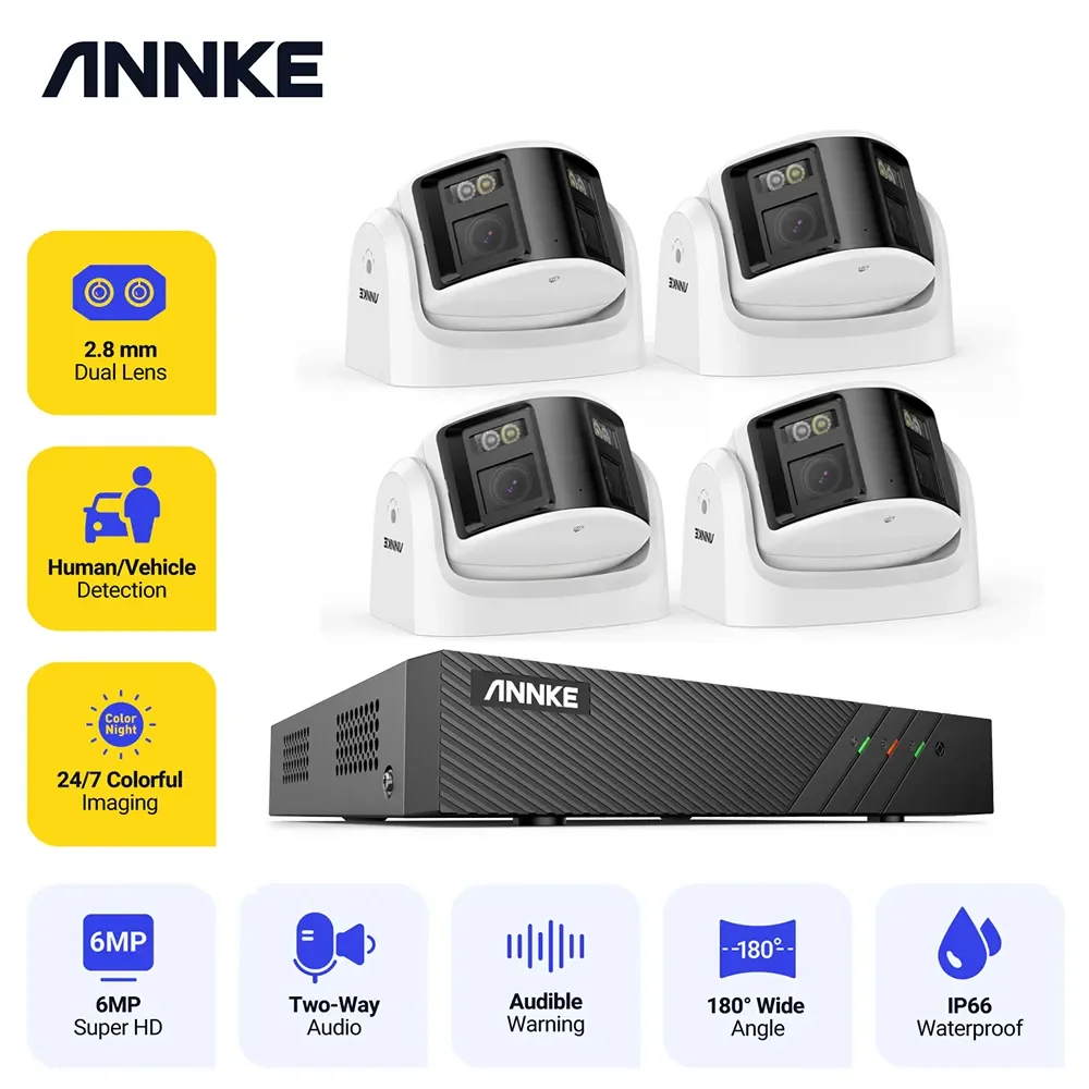 ANNKE 6MP Security Camera Dual Lens 8CH NVR Ultra HD POE Ai Human Detection CCTV Video Surveillance Kit 180 Degrees Panoramic