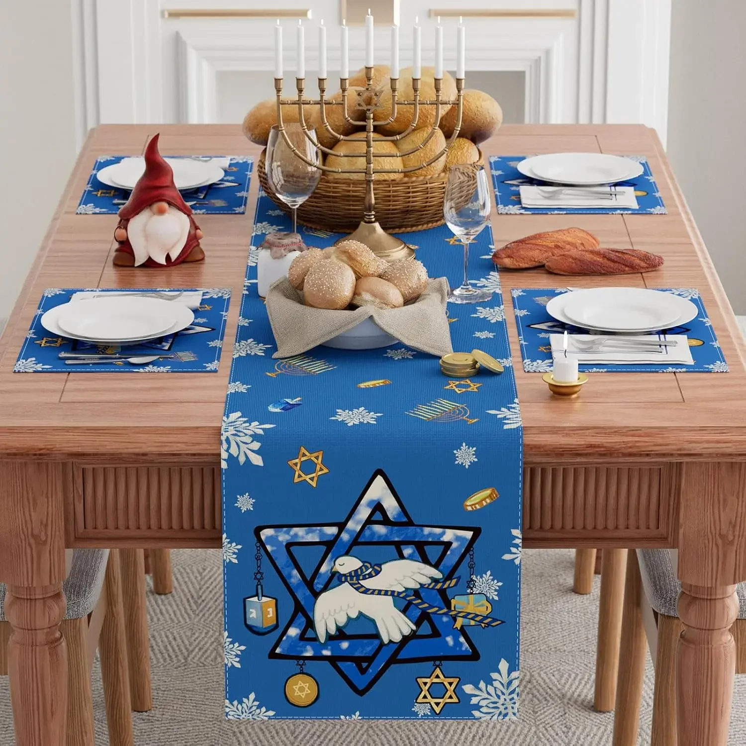 Hanukkah Hexagram Dove Snowflakes Table Runner Jewish Holiday Decor Chanukah Menorah Kitchen Dining Table Runner Party Decor