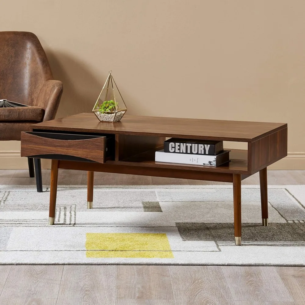 Dawson 40 in. x 21.63 in. Wooden Mid-Century Modern Coffee Table with Drawer and Shelf, Walnut with Brass Leg Tips