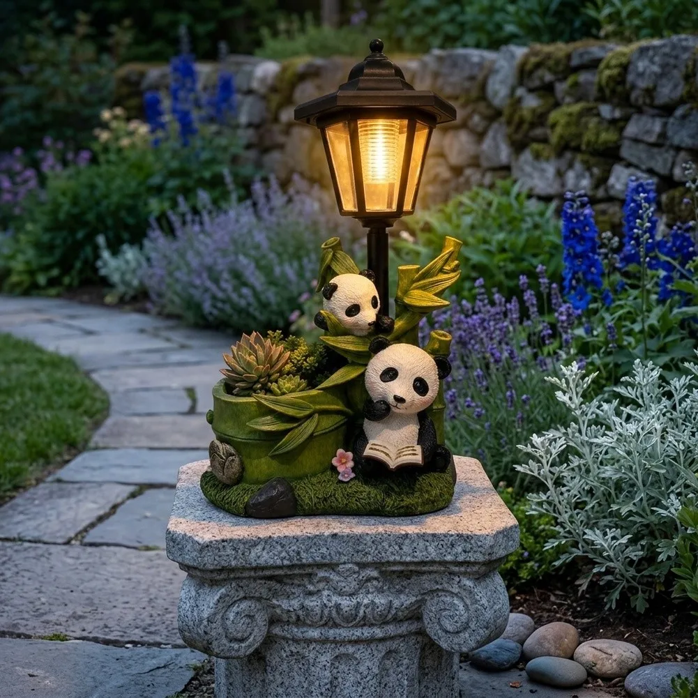 For Garden Decoration Solar Panda Statue For Garden And Porch Total Height 32cm 12.5in Weather Resistant Design