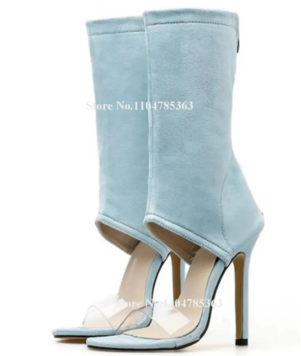 Clear PVC Straps Patchwork Suede Stiletto Heel Gladiator Short Boots Open Toe Blue Yellow Beige Ankle Wrap Thin Heel Ankle Boots