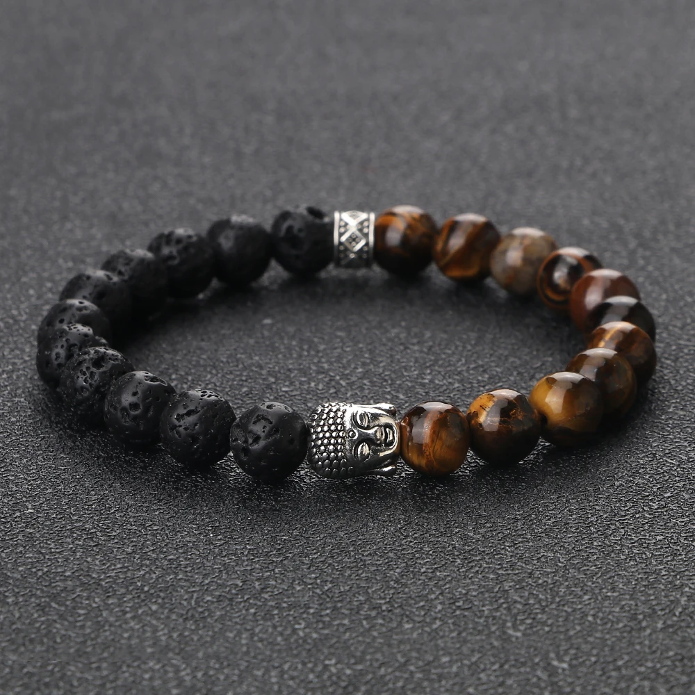 Tibetan Buddha Head Bracelets 8MM Natural Stone Tiger Eye Lava Beads Bangles For Women Men Fashion Couple Prayer Buddhist Gift