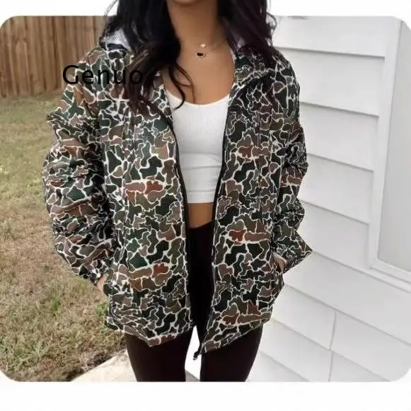 

2025 European and American New Camouflage Printed Hooded Raincoat Long Sleeved Zipper Cover Women's Casual Shirt Women's Hoodie