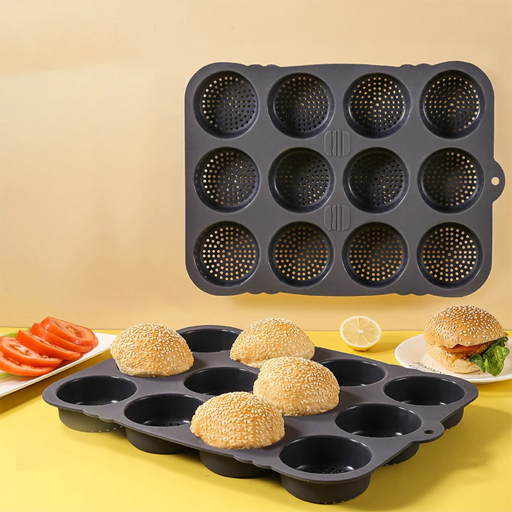 

12 Cavities Hamburger Bun Mold Baking Hamburger Bread Pan Non-Stick Silicone Mold Dishwasher Safe for Burger Buns Kitchen Tool