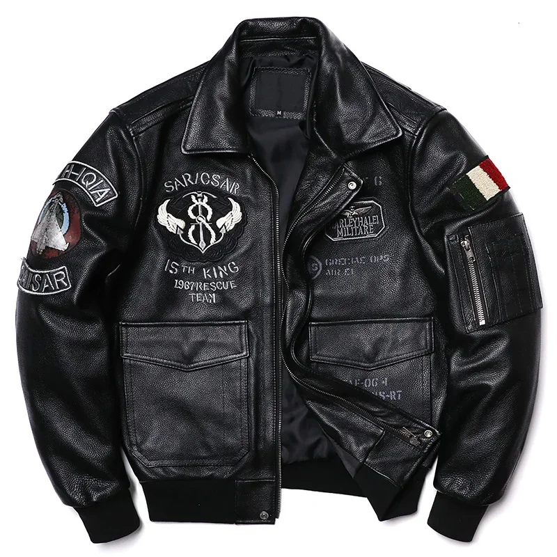 

New Black Flying Suit Genuine Leather Jacket Men's Natural Cowhide Coat Cross Anchor Embroidery Fashion Motorcycle Clothing