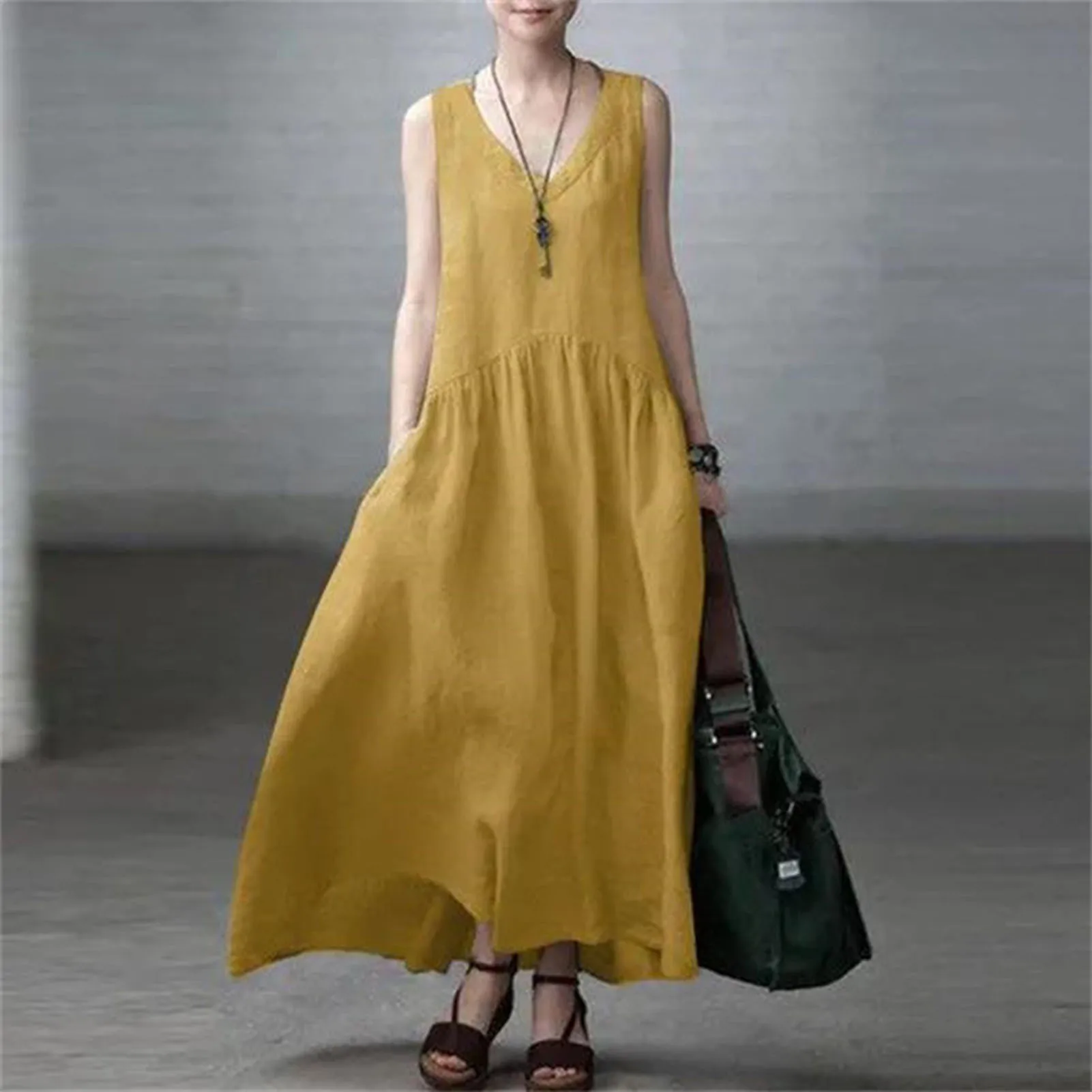 Retro Solid Cotton Linen Pleated Long Dress Woman Spring Fashion V Neck Loose Maxi Dress Summer Sleeveless Tank Boho Beach Dres
