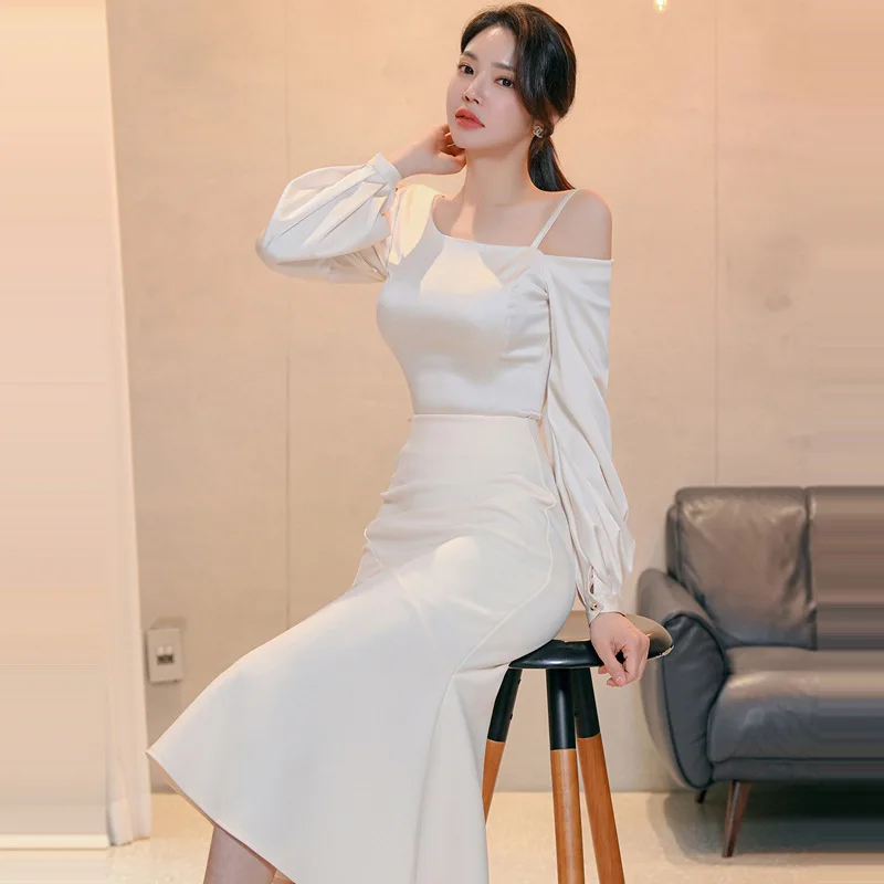 Fashion Elegant 2 Pieces Outfits Women Off The Shoulder Long Sleeve Tops Shirt Blouse Ruffles Fishtail Skirt Sets Spring