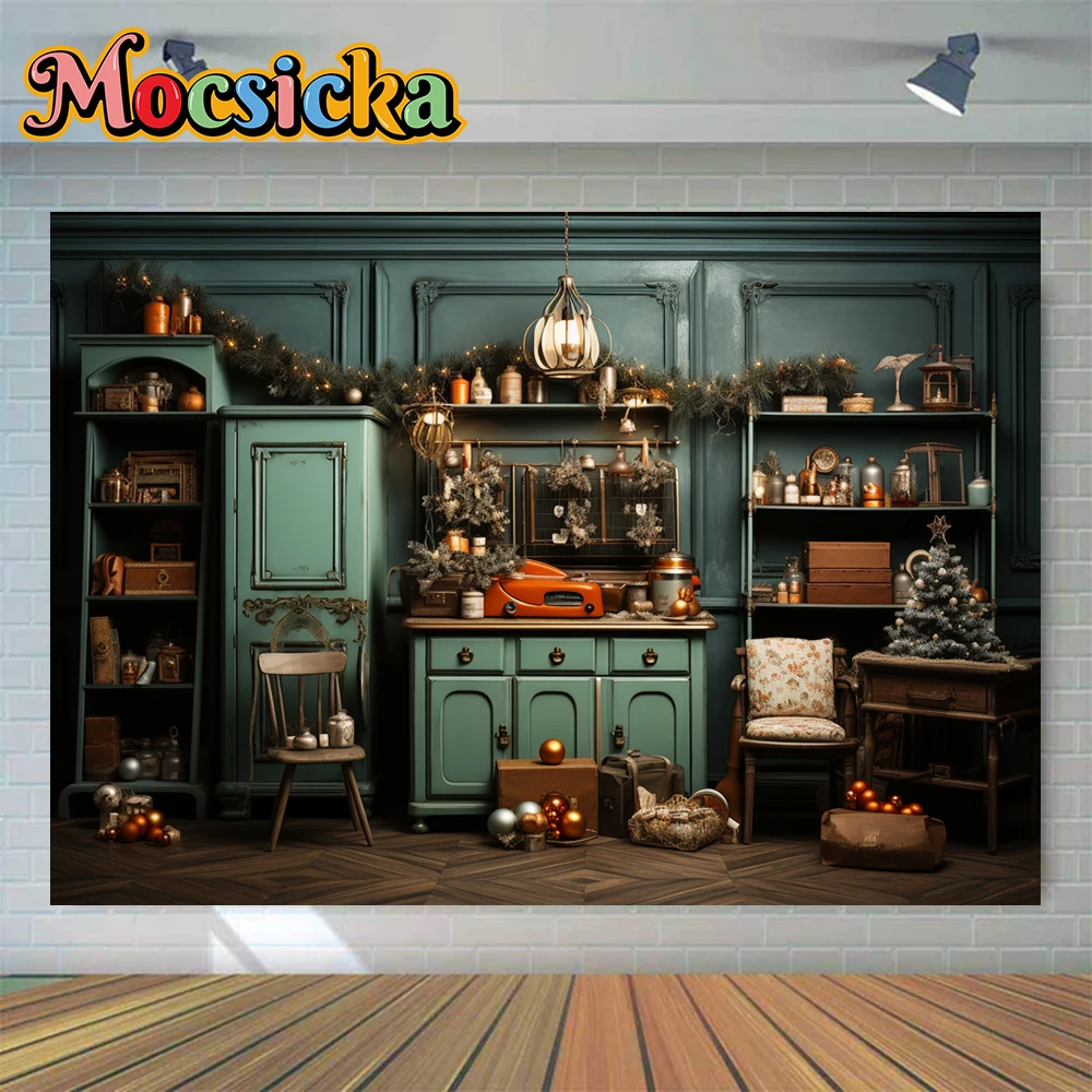 Mocsicka Winter Photography Background Green Cabinet Christmas Wreath Holiday Party Family Child Portrait Photo Backdrops Studio