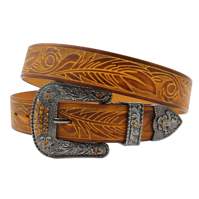 Western Flower Embossed Leather Men Belt Fashion Feather Print Rhinestone Pin Buckle Women Belt