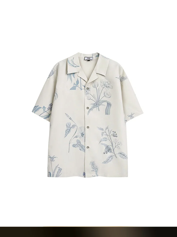 

American Retro Simple Plant Flower Print ort Sve irt Summer New Loose Casual irt Couple's Loose Fit Casual Blouse