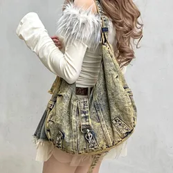 NEW Women Denim Shoulder Bag Simple Tote Handbag Large Capacity Chic Hobo Pattern Retro Tote Outdoor Travel Bag