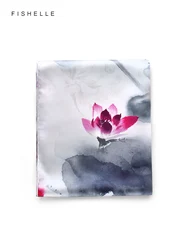 Ink wash painting lotus 100% natural silk long scarf bandana hijab shawl luxury gift head scarves women wrap neckerchief