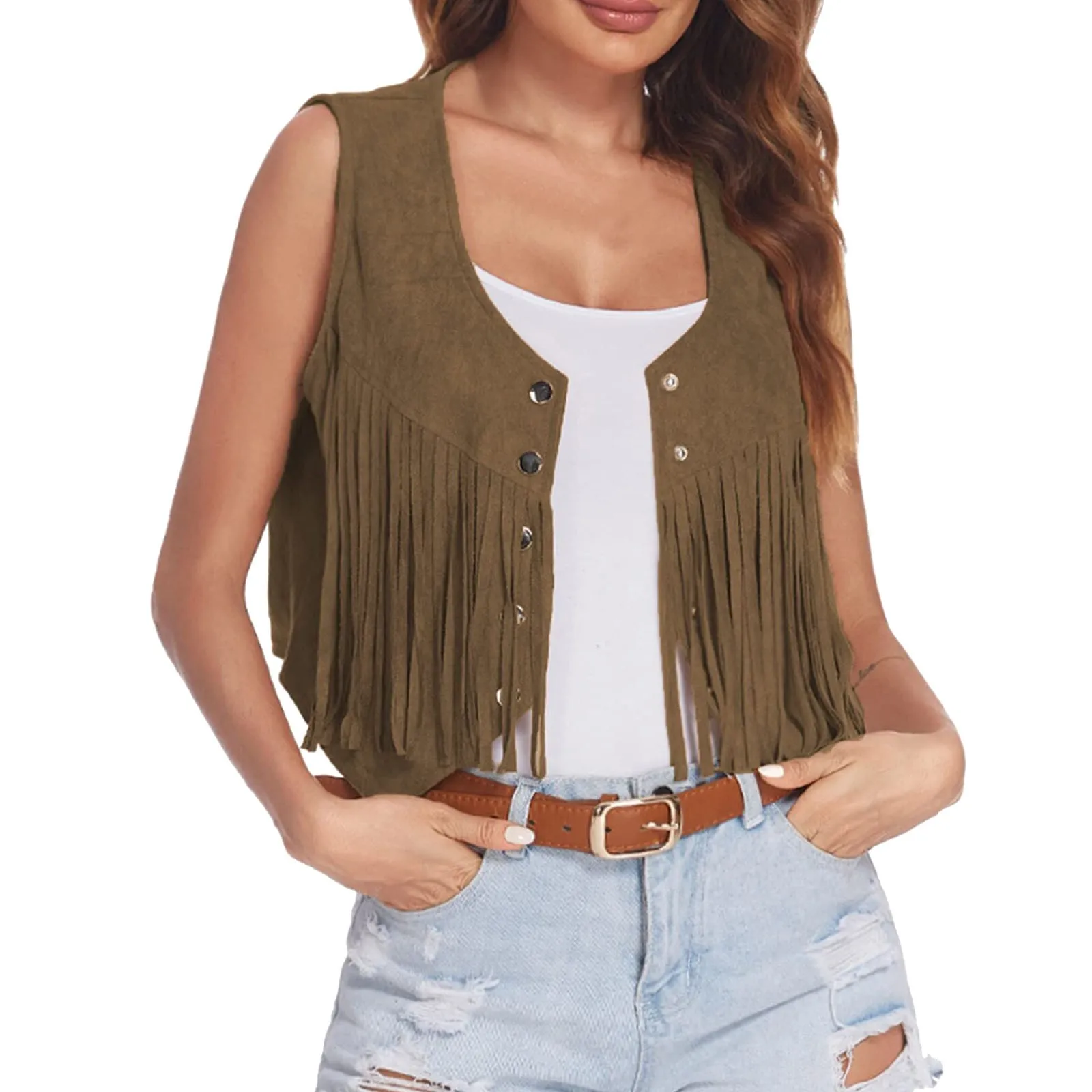 Punk Y2k Streetwear Women Suede Vest Hippie Tassels Jacket Vintage Western Country Cowgirl Fringed Vest Cardigan Waistcoat Tops