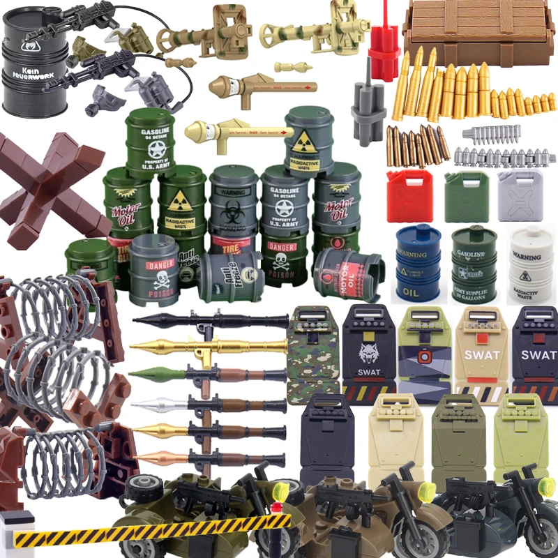 

MOC WW2 Военная техника Строительные блоки Солдат Пистолет Пуля Ролевая игра Ракета Waffen Коробка Мотоциклетный барьер Забор Масляный барабан Кирпич Игрушка