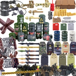 MOC WW2 Military Equipment Building Blocks Soldier Gun Bullet RPG Missile Waffen Box Motorcycle Barrier Fence Oil Drum Brick Toy