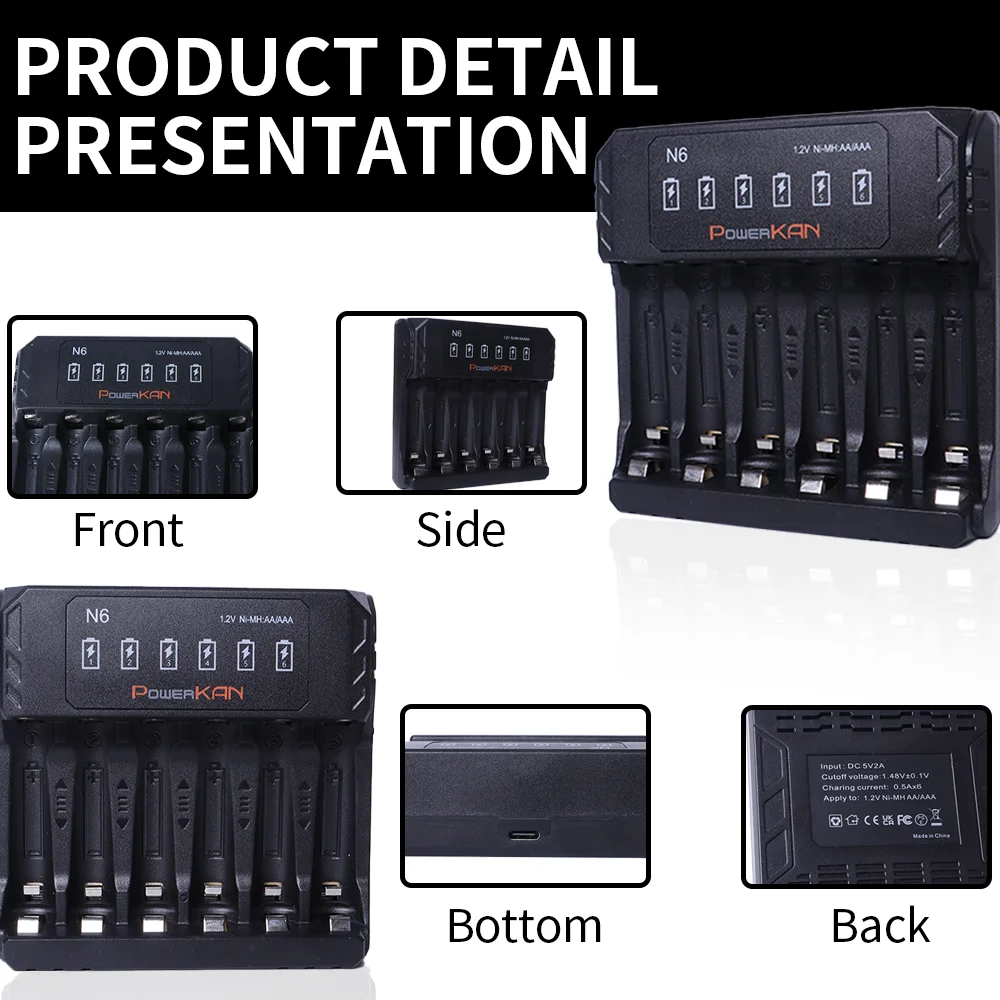 POWERKAN N6 Battery charger for 1.2V Ni-MH AA AAA No.5 No.7 batteries charge 1~6 batteries at the same time, type C 2A