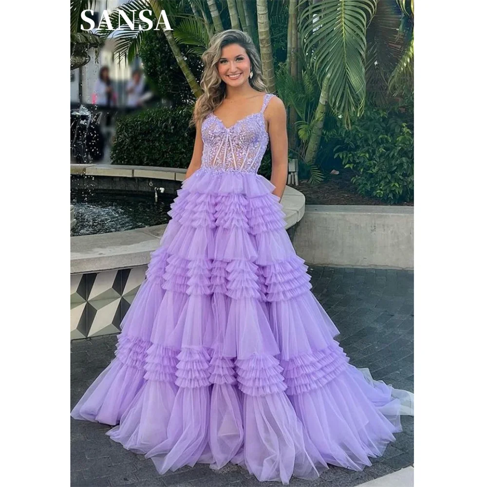 Sansa Spirit lavanda multistrato Vestidos De Noche Princess Spaghetti Strap muslimex Sweet Ball Gown abiti da ballo in pizzo