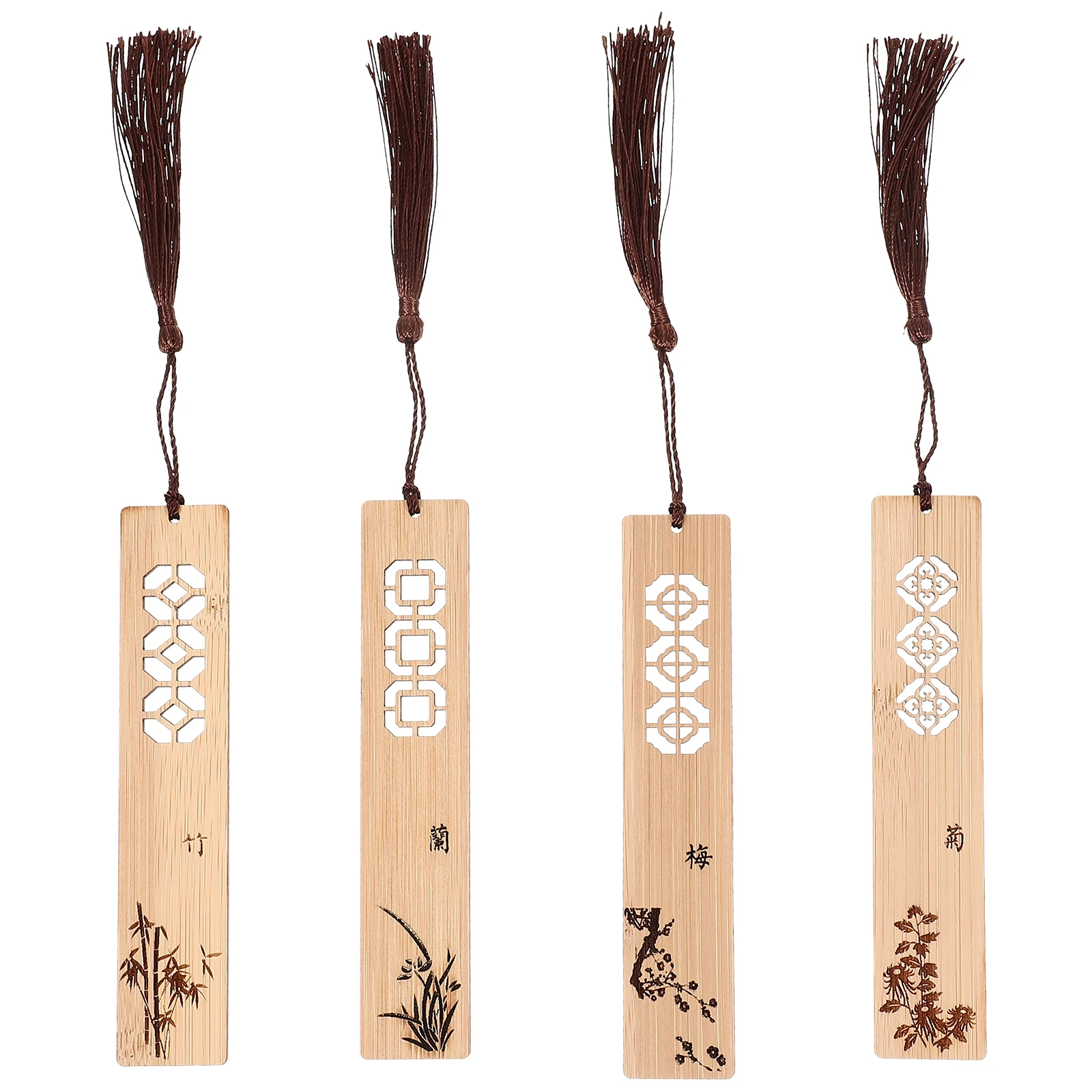4 Stück Bambus-Lesezeichen, Retro-geschnitzte Etiketten, Holzmarker im chinesischen Stil, leicht, tragbar, Pflaumenblüten, Chids, Chrysantheme