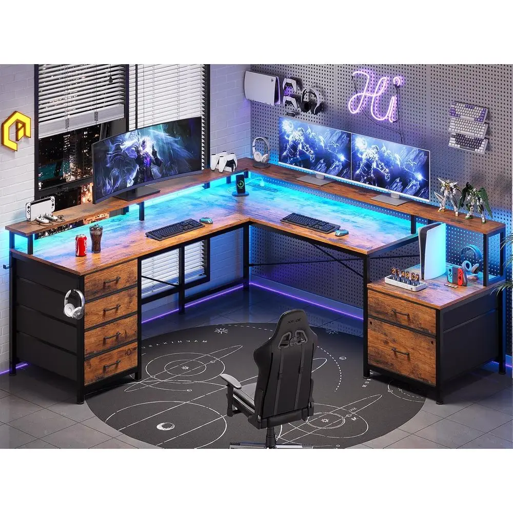 6ft L-Shaped Office Desk with Cable Management, 108 Two-Person Workstation, LED Gaming Desk, Rustic Brown