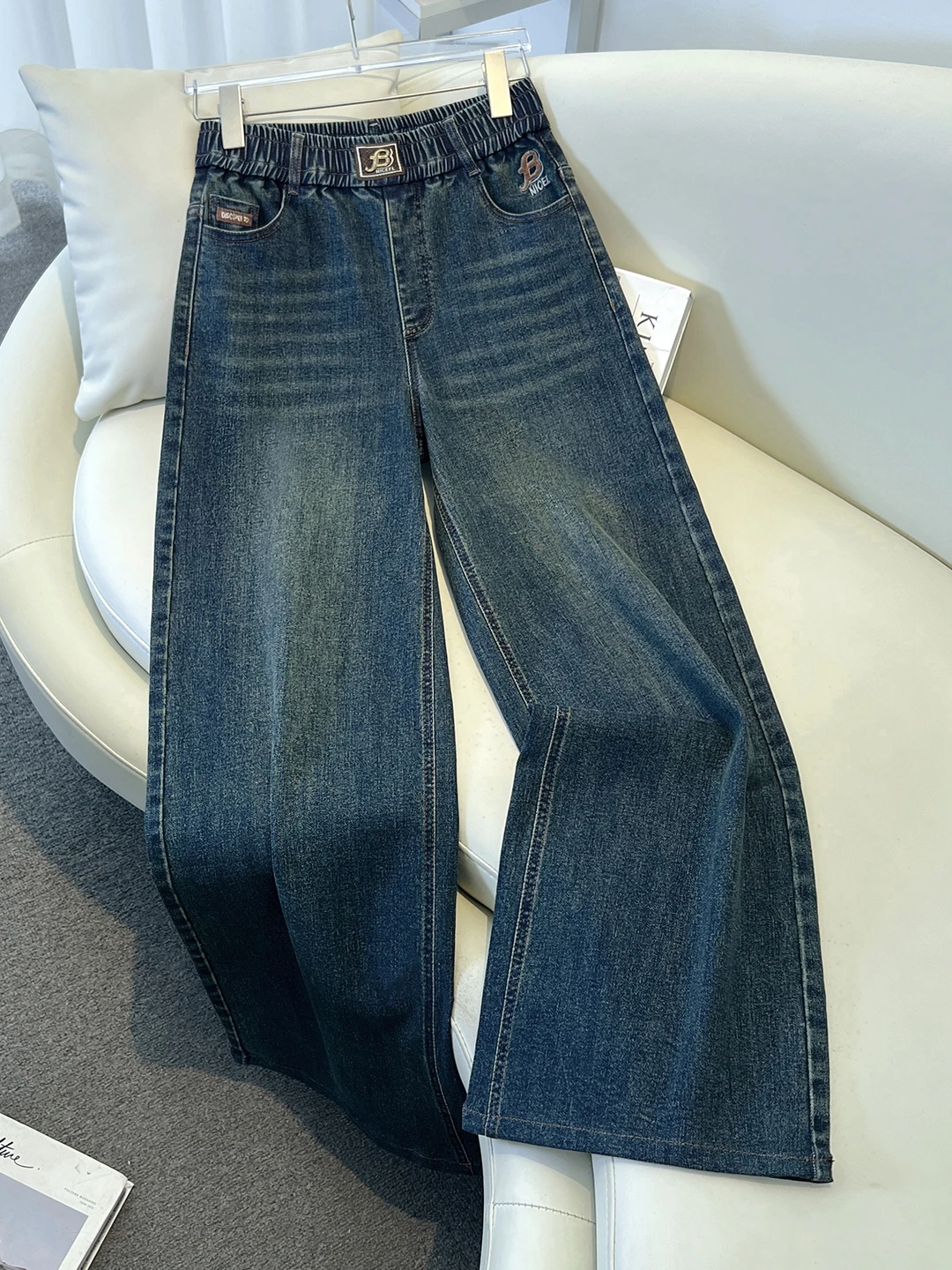 

Retro Blue Wide Leg Denim Jeans Women's High Waist Loose Fit Slimming Elastic Waist Autumn Casual Straight Leg Pants