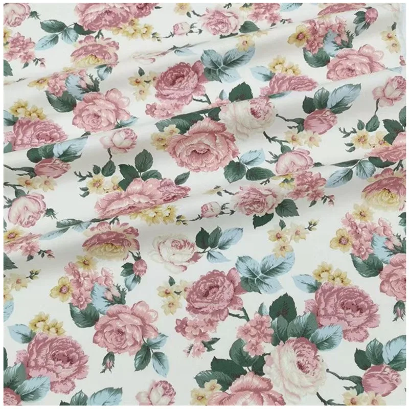 Teramila Pink Rose Flowers Home Textile Cotton Patchwork Quilting for Sewing Cloth Crafts Bedding Decoration Fabric By the Meter