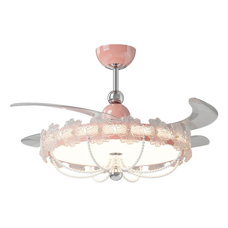 French Cream Fan Light Princess Room Flower Pearl Children's Room Ceiling Fan Light Eye Protection Design Bedroom Fan Light