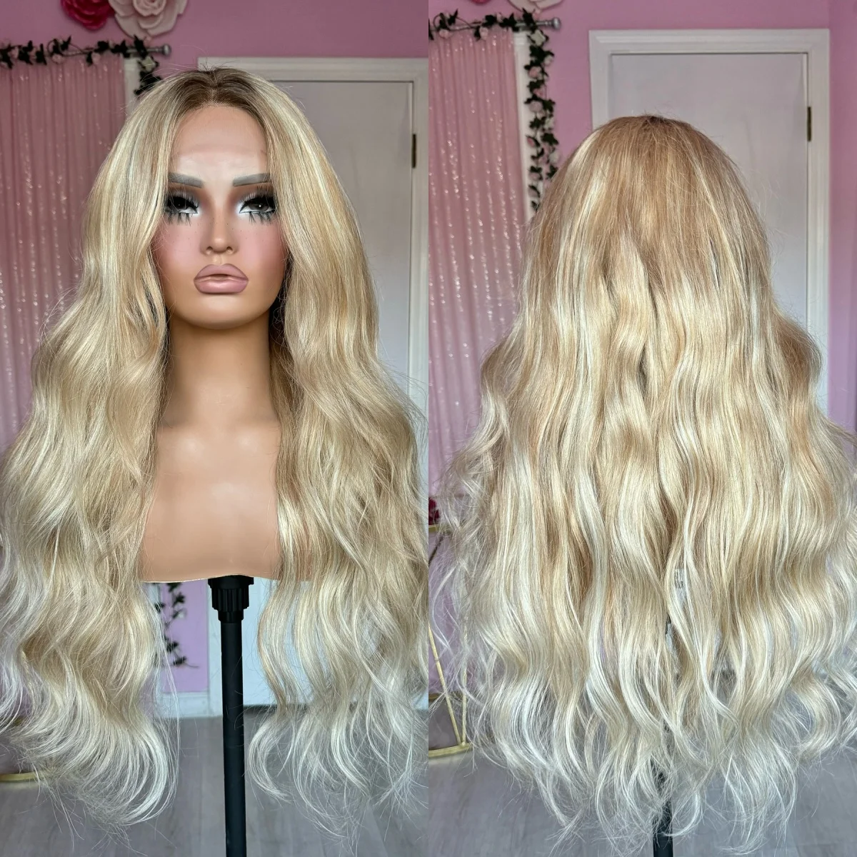 

Объемная волна Синтетический парик фронта шнурка Длинный белый блондин парик с темными корнями для женщин Необрезанный мягкий парик для повседневного использования на вечеринке Дешевый парик