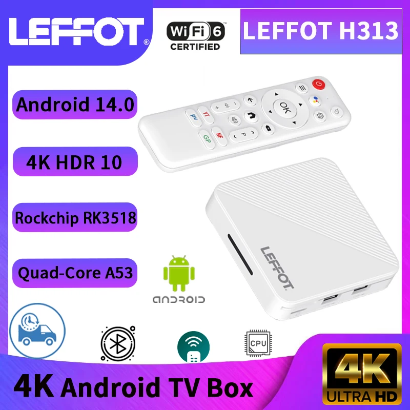 H96 MAX H313 TV Box Android 14.0 HD 4K Assistente de voz 4K @ 60Hz Netflix Streaming Media Google Allwinner H313 Quad-Core 2GB 16GB