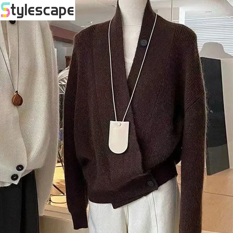 

Осенний вязаный кардиган во французском стиле в винтажном стиле с v-образным вырезом и длинными рукавами для женщин, с крутым и непринужденным ретро-свитером