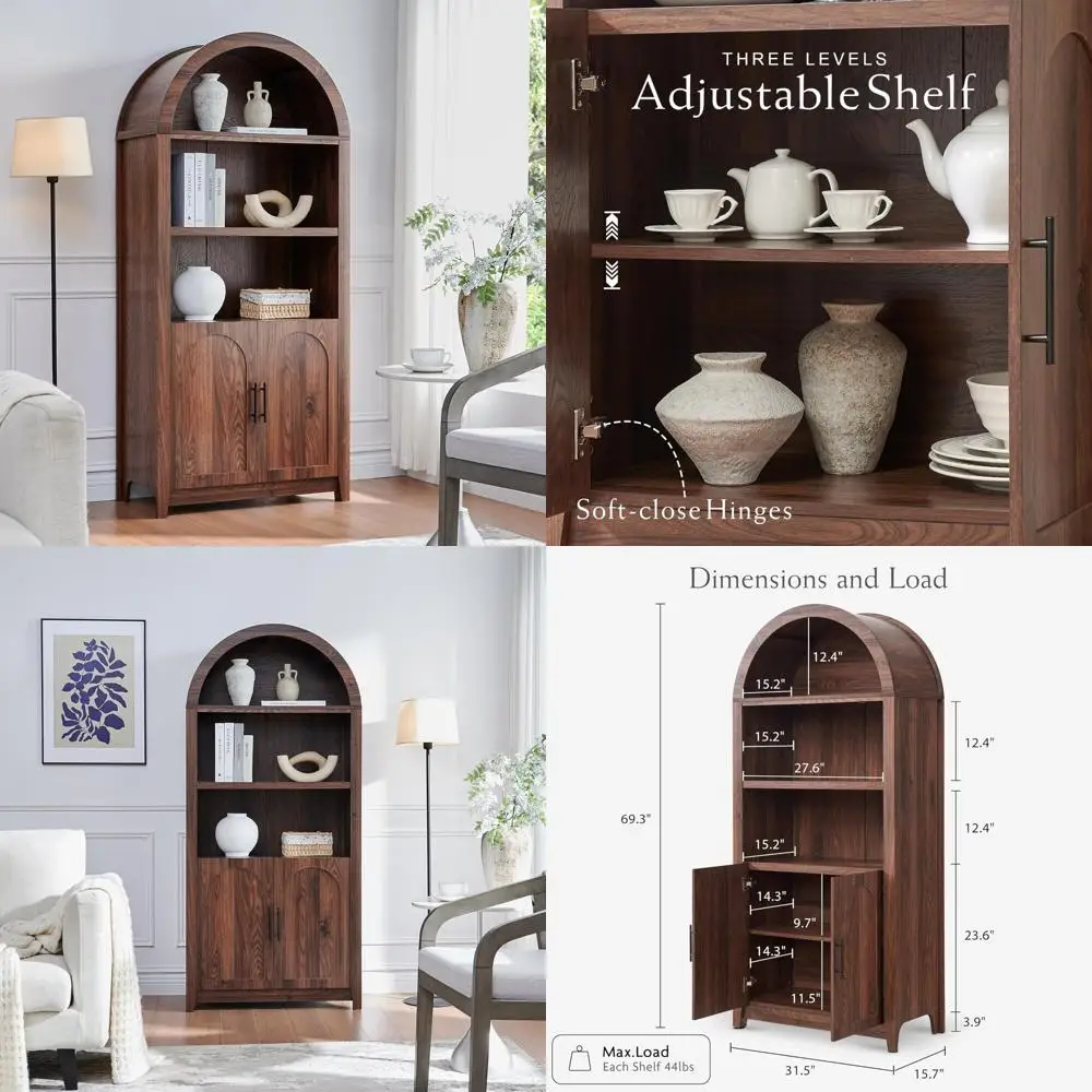 Mid-Century Rattan Door Display Cabinet - 69.3 Tall Rounded Bookcase with Open Shelves