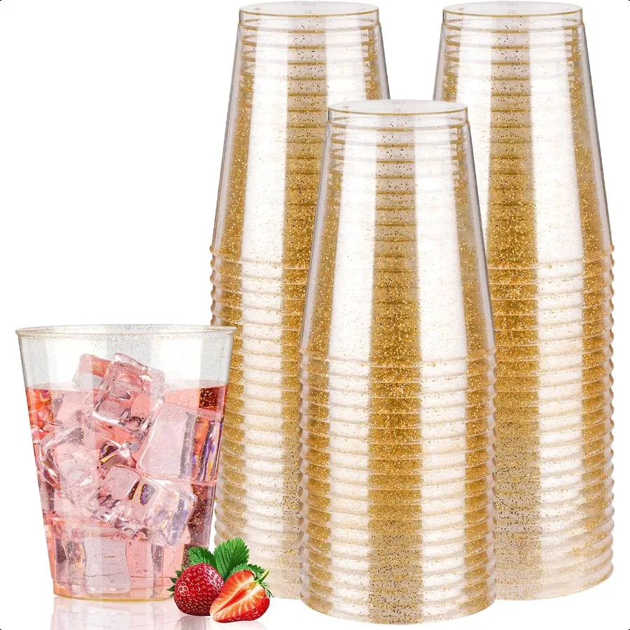 

10 oz 50 PCS Gold Glitter Plastic Cups Glitter Cups Elegant Plastic Cocktail Glasses Fancy Party Cups for Wedding Birthday Hol